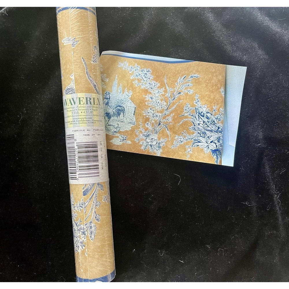 Waverly Wallpaper Border Blue Rooster Toile Tan Farmhouse 5 Yards 575754